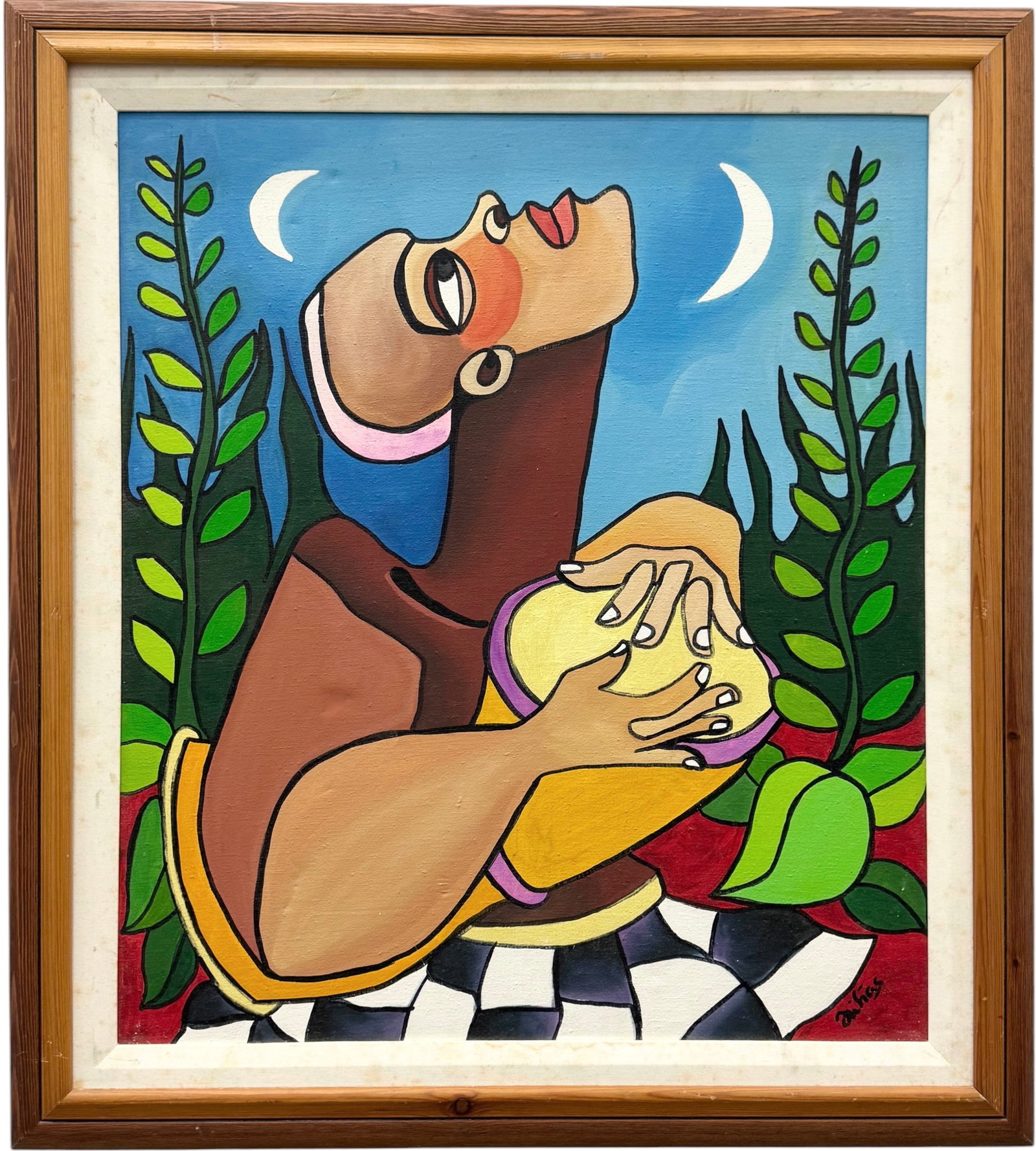 Modernist Cubist Figure Under Crescent Moons, Signed Acrylic On Canvas: Acrylic painting on canvas 24 x 21 in, 29 x 26 in (framed)