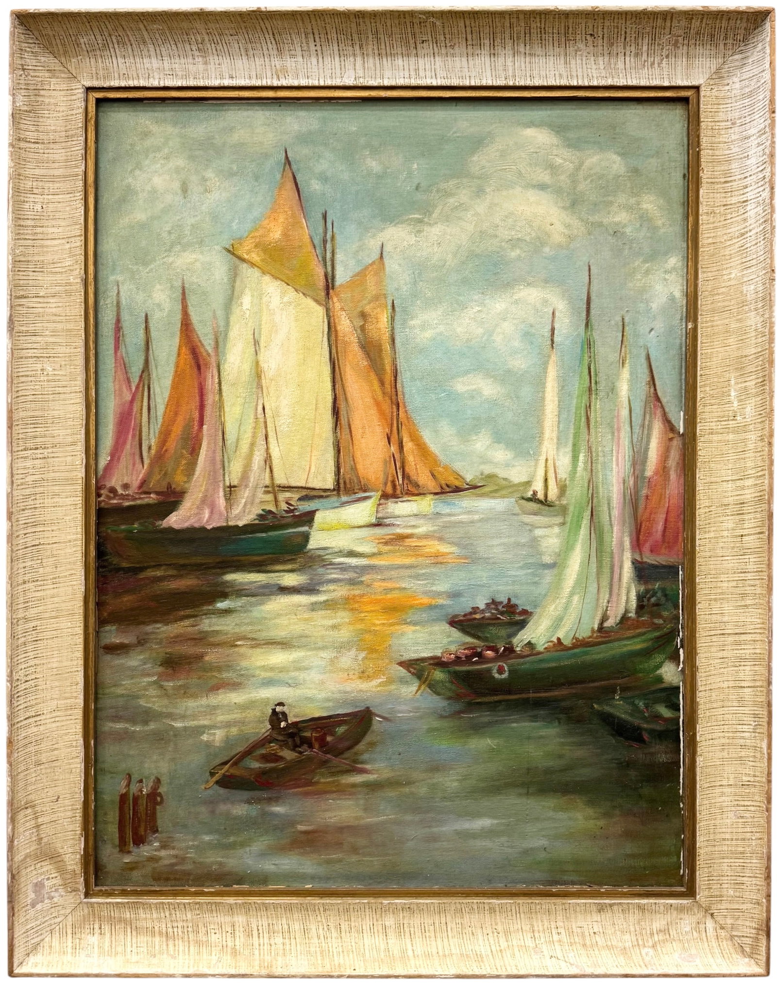 Vintage 20th C. Nautical Seascape, Sailboats & Fishing Harbor: Oil painting on board 24 x 18 in, 28 x 22 in (framed)