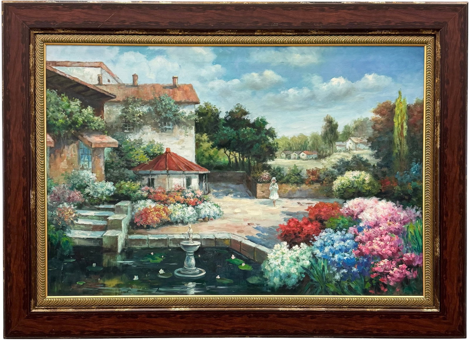 Large Mid-20th C. Impressionist European Villa Garden Oil Painting: Oil painting on canvas 44 x 32 in (framed)