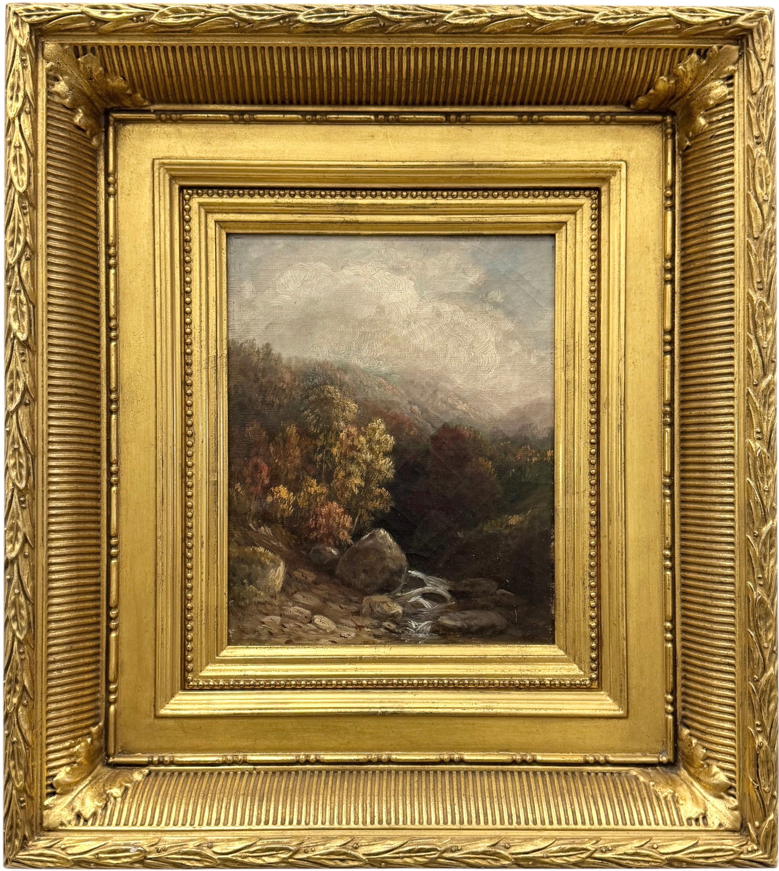 19th C. American School Autumn Landscape Oil Painting in Ornate Gilt Frame: Oil painting on canvas 10 x 8 in, 19 1/2 x 17 1/2 in (framed). Mountainous river landscape with autumn trees and a rocky stream.