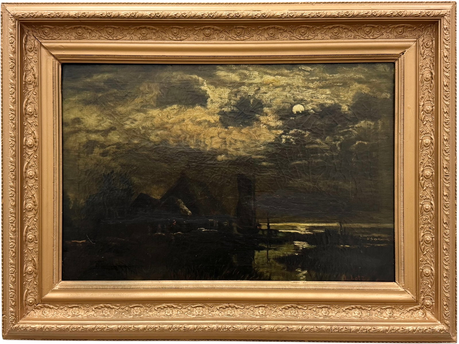 1884 American Tonalist Moonlit Landscape Oil Painting "Jersey Shore": Oil painting on canvas 26 x 16 in, 31 x 23 in (framed). Signed L. Lotz in the lower right corner. "Jersey Shore" Dated back on the _____ 1884. Features a secondary historical conservation inscription 