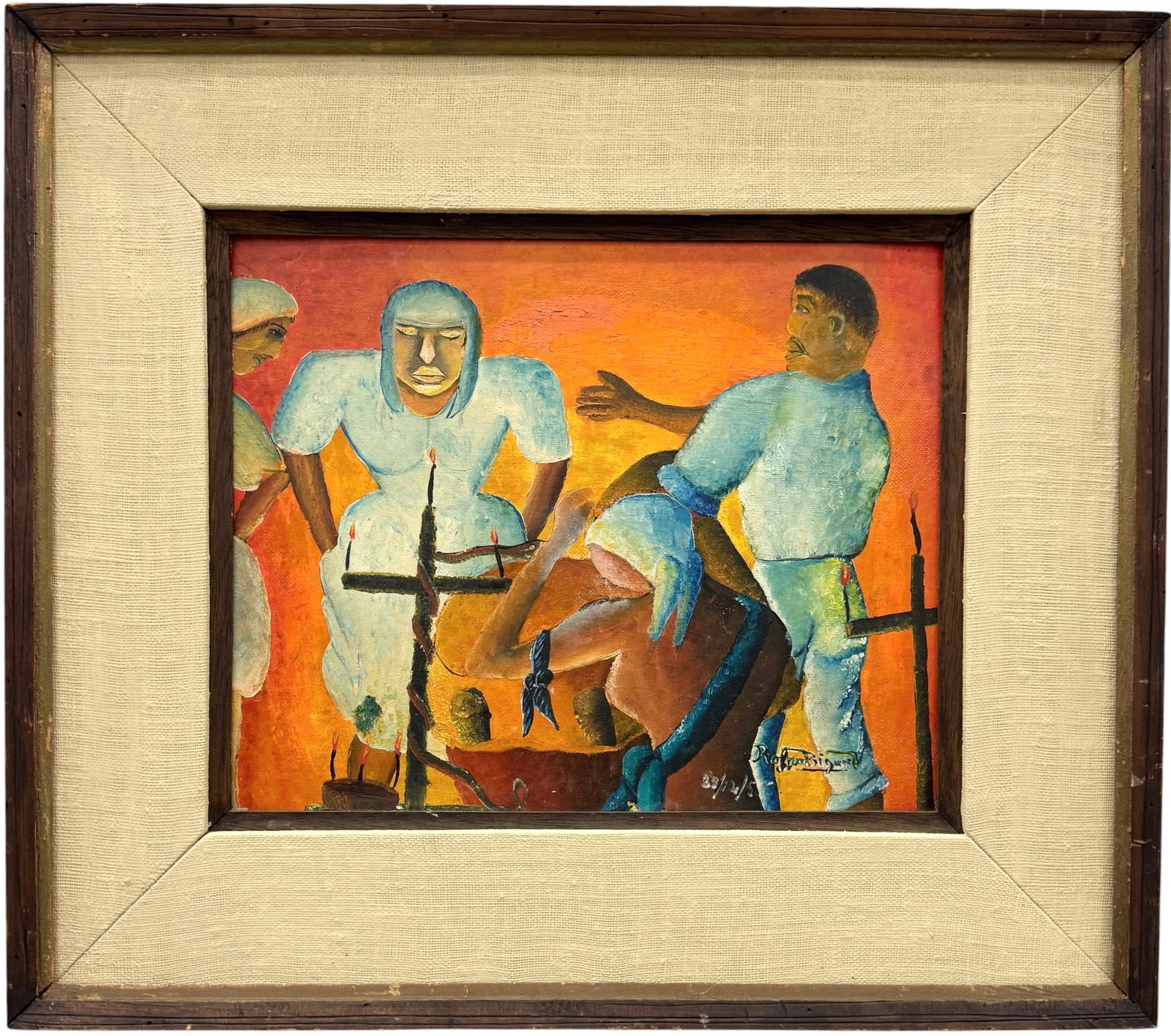 Roland Bigaud (Haitian, Mid-20th C.) Oil Painting, Vodou Ceremony 1955 (1 of 3)