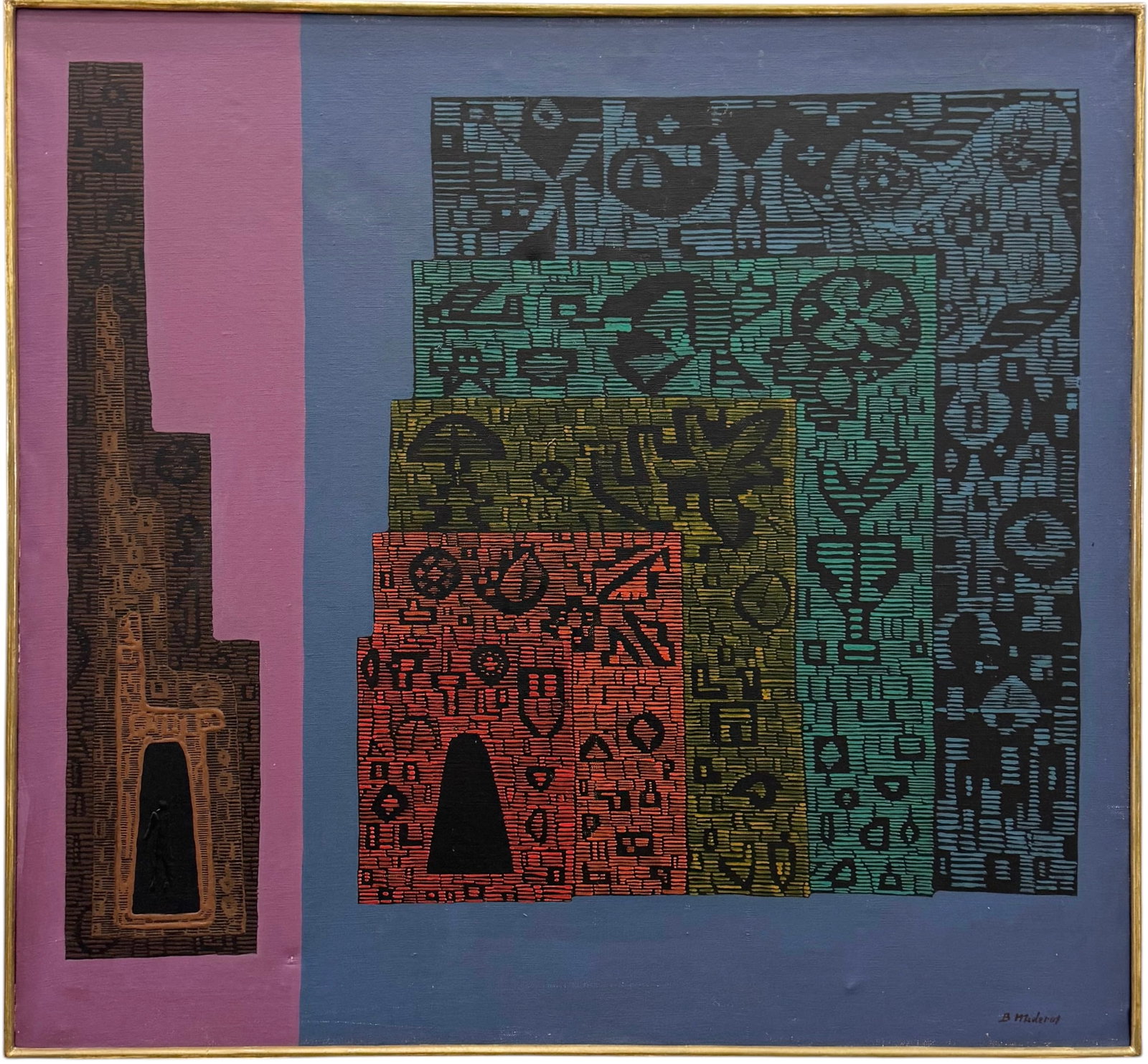 Monumental Mid-Century Modern Abstracted Moroccan Cityscape, Indistinctly Signed: Oil painting on canvas 54 x 54 in.