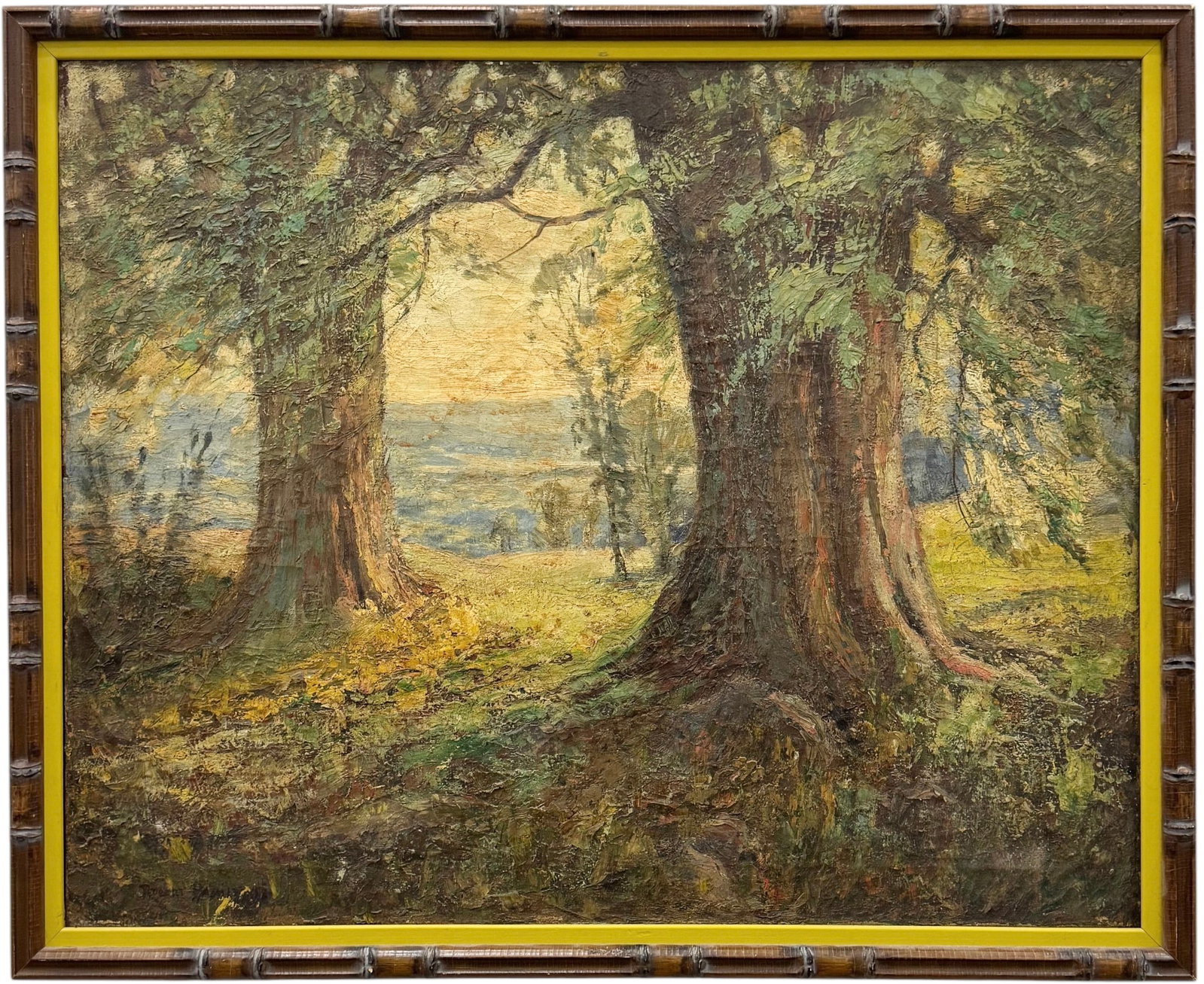 Early 20th C. American Tonalist Landscape Oil Painting in Faux Bamboo Frame, Signed Illeibly: Oil painting on canvas 30 x 24 in, 33 x 27 in (framed