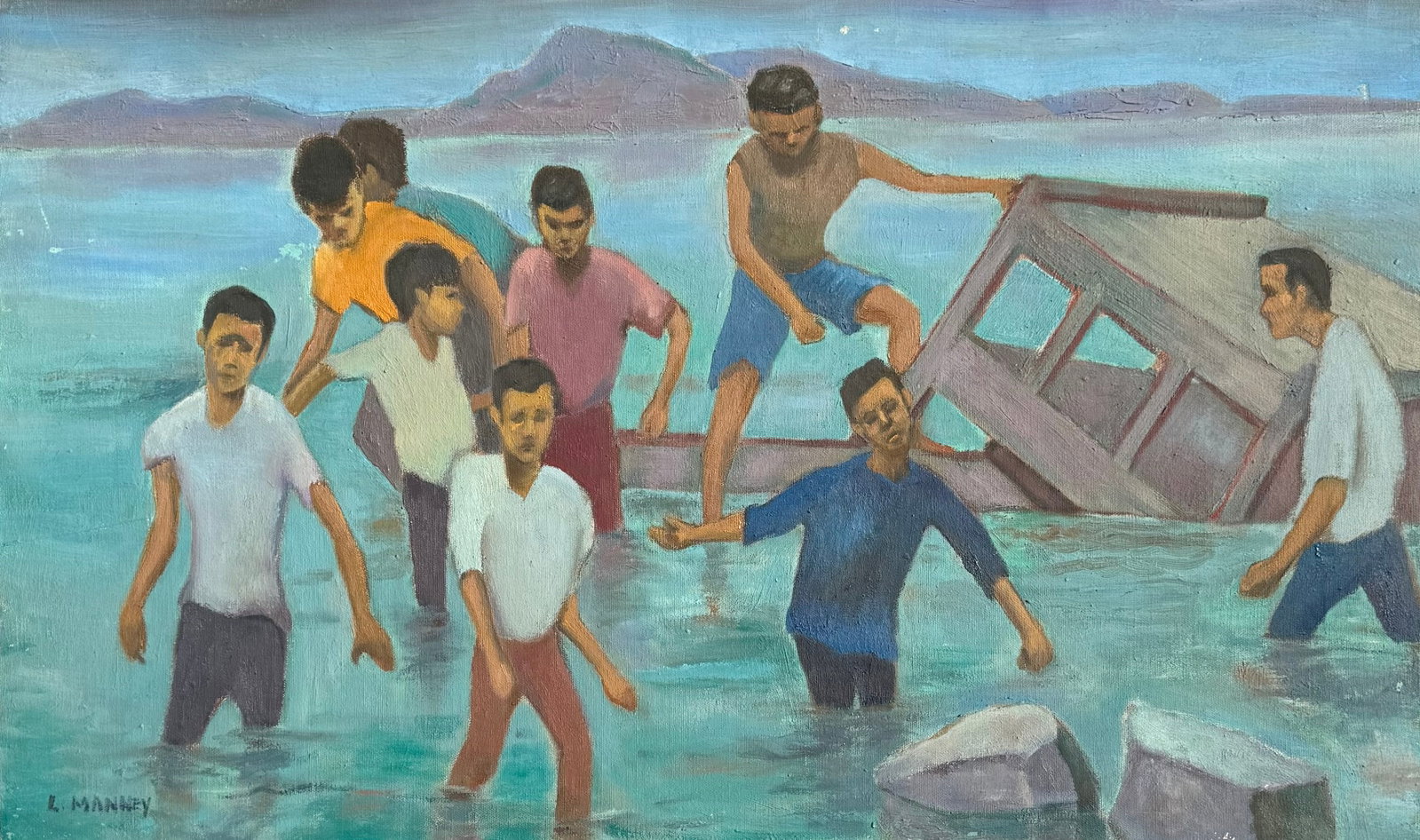 LILLIAN MANNEY (1913-2012, American) Figures In Water: Oil painting on canvas 30 x 18 in. Lillian Pear Manney (1913–2012) was a highly respected twentieth-century American painter, educator, and civic advocate whose work gracefully bridged mid-century m