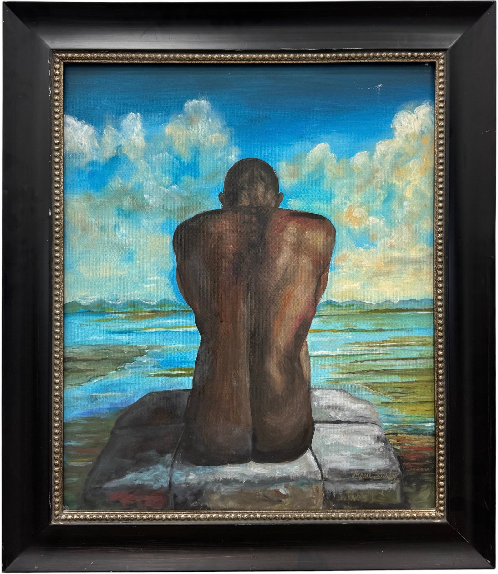 Expressionist Black Male Nude Sitting On Dock Signed Oil On Canvas: Oil painting on canvas 24 x 20 in, 29 1/2 x 25 1/2 in (framed)