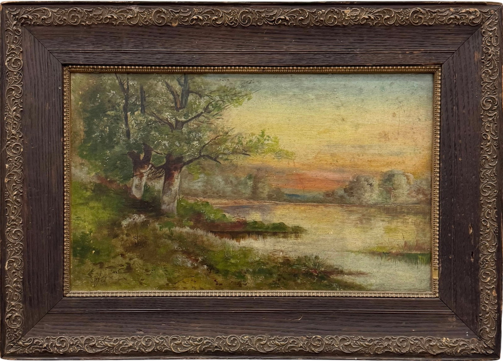 19th C.Hudson River School Landscape Signed Oil Painting, Pittsburgh Label: Oil painting on board 18 x 11 in, 24 x 17 in (framed)