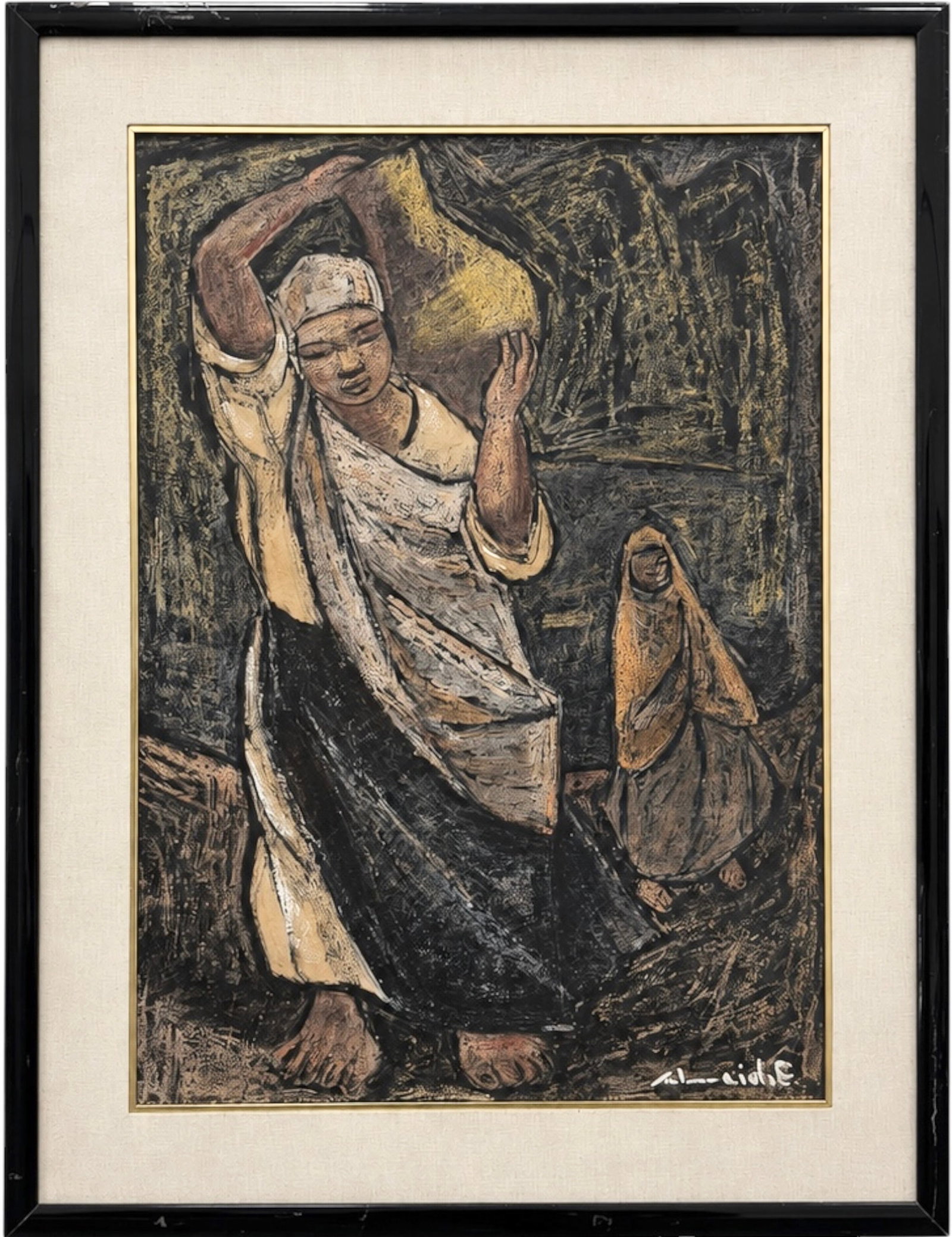 GILBERTO ALMEIDA EGAS (ECUADOR, 1928-2015) Woman With Jug: Encaustic on panel 26 1/2 x 18 1/2 in, 33 1/2 x 26 in (framed). Gilberto Almeida Egas (Ecuadorian, 1928–2015). He was a member of the influential "VAN" group of artists who modernized Ecuadorian art