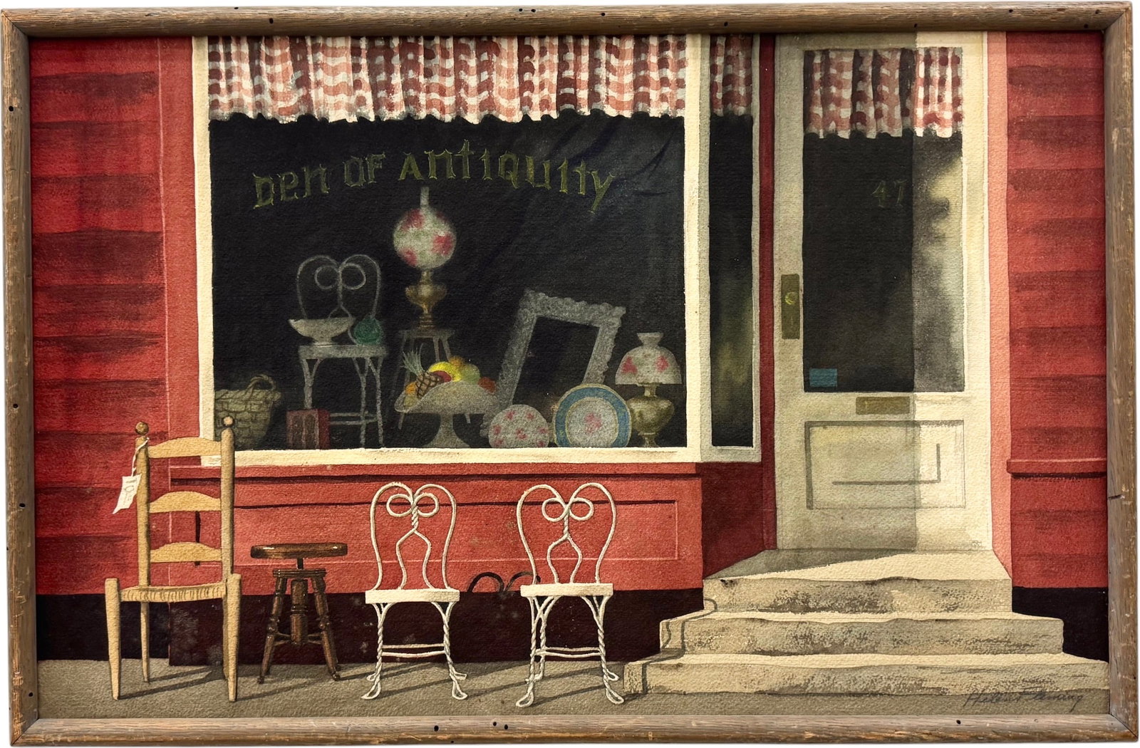 Helen Fleming (American, 20th C.) Watercolor Painting, Antique Shop Storefront: Watercolor painting 28 x 18 in, 29 1/2 x 19 1/2 in (framed)