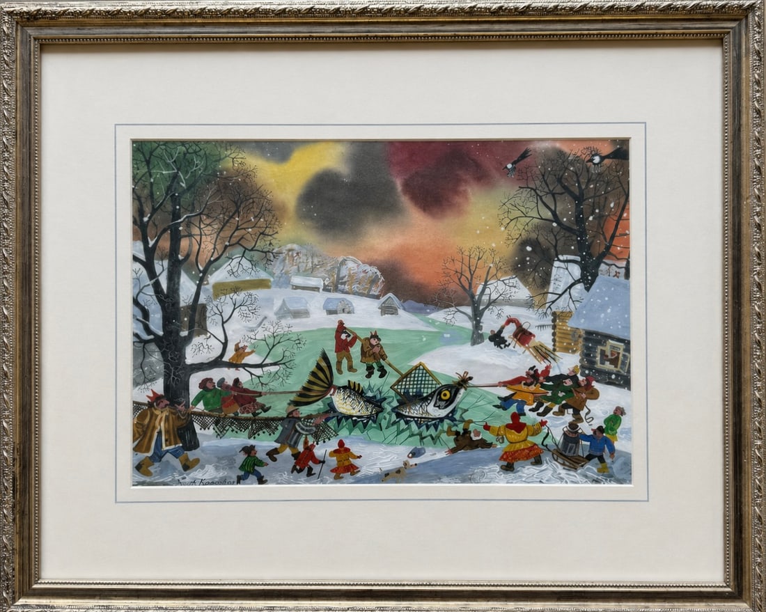 21st C. Russian School Naive Winter Scene Signed Illegibly Painting: Gouache on paper 14 x 10 in, 21 1/2 x 17 1/2 in (framed)
