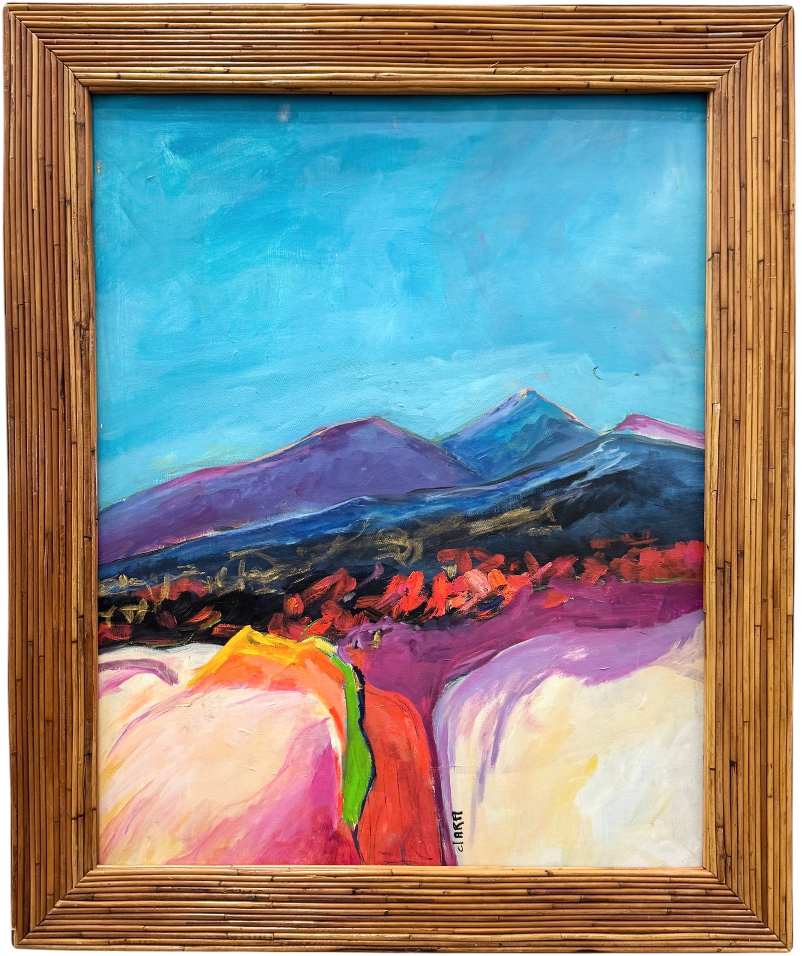 Clara Manheim (American, 1935–2025) Expressionist Turkish Landscape, "Sinan": Oil painting on canvas 30 x 24 in, 35 x 29 in (framed). Great bamboo frame. Artist was well traveled could be Turkey, China or South Korea.