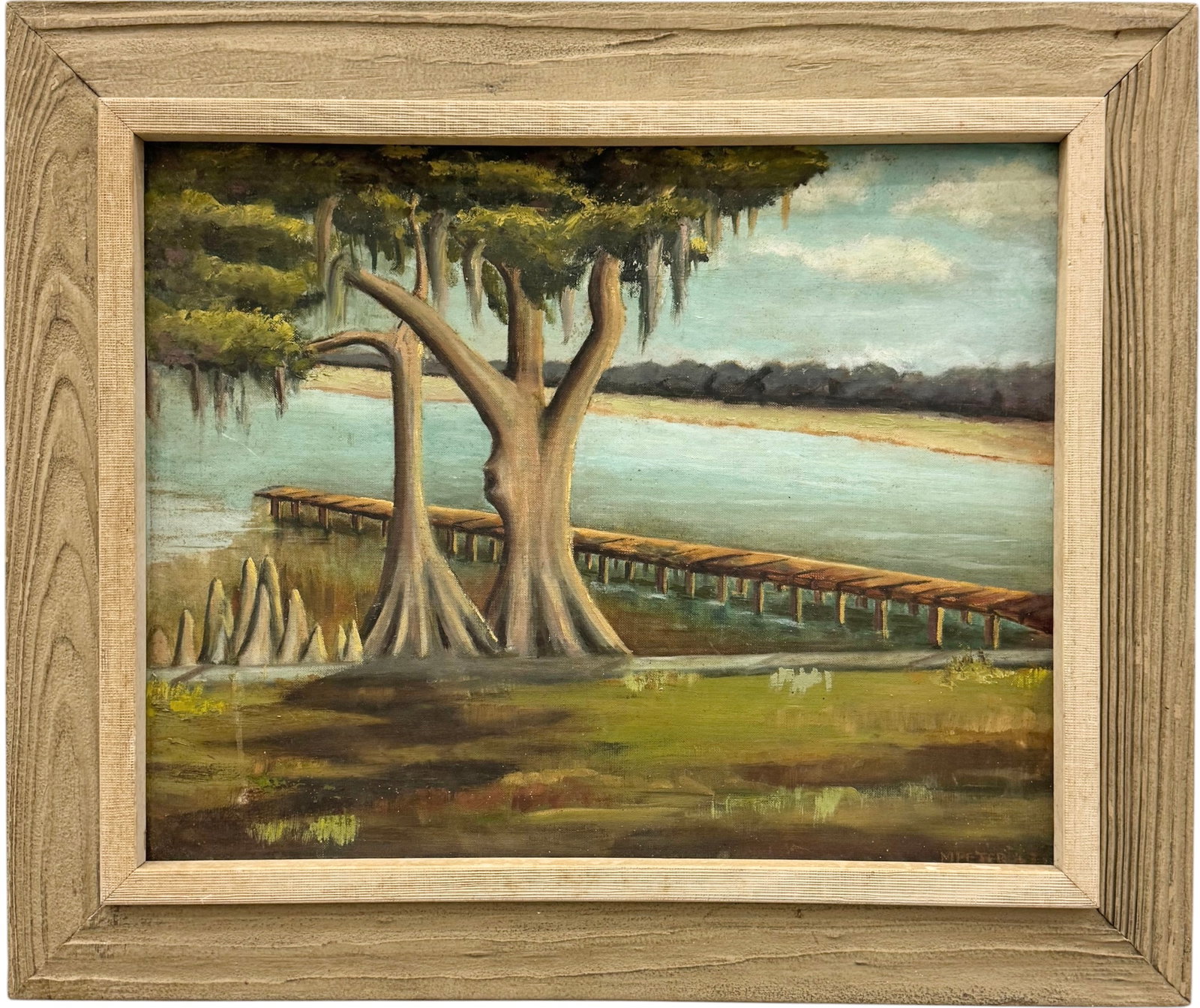 Mid-20th C. American School Florida Everglades Southern Landscape Signed Oil Painting: Oil painting on board 16 x 20 in, 21 x 25 in (framed)