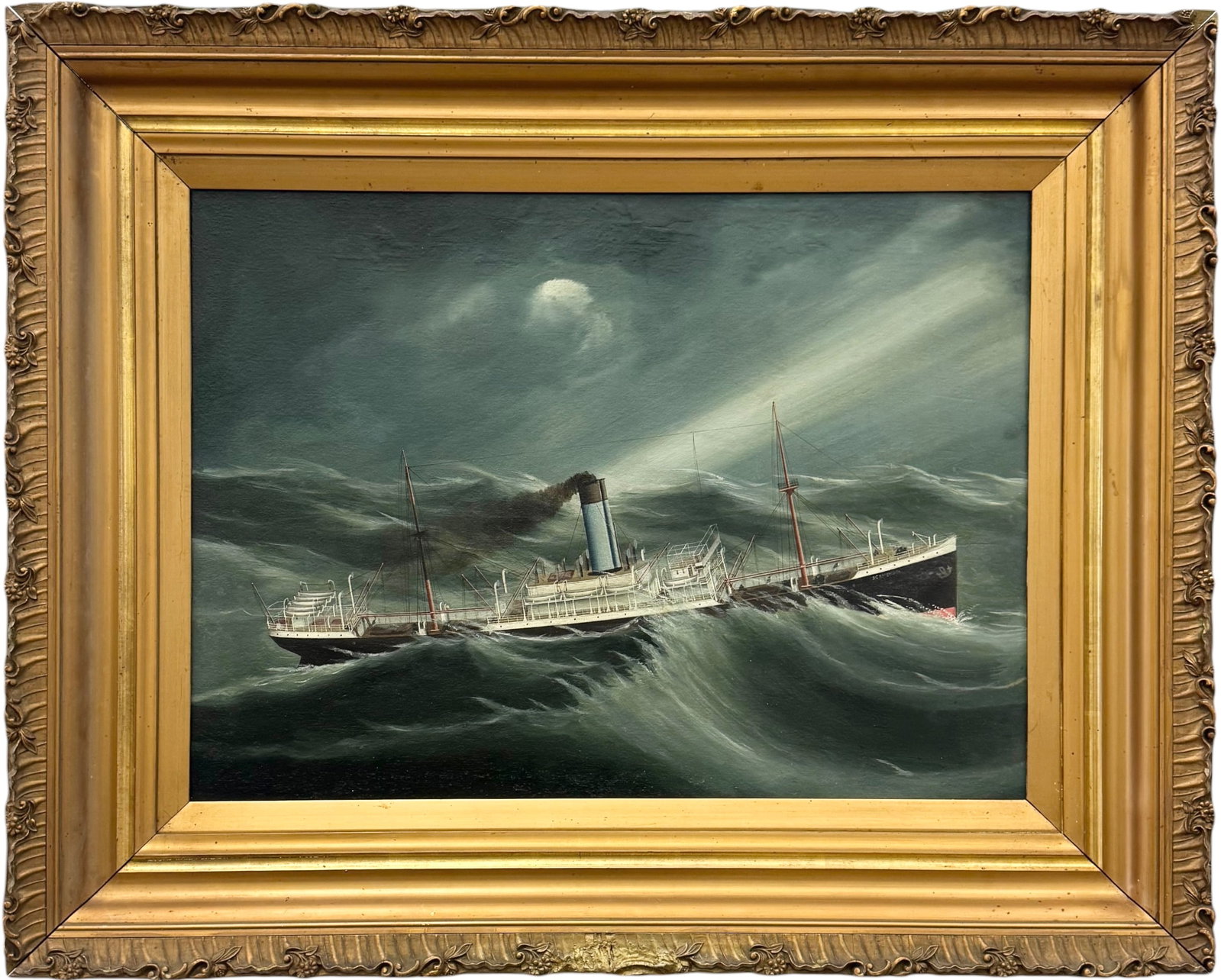 19th C. Marine School Moonlit Atmospheric Nocturnal Steamship Oil on Canvas: Oil painting on canvas 22 x 16 in, 29 x 23 1/2 in (framed). Beautifully detailed late 19th, possibly early 20th marine painting depicting a steamship in rough waters in a moonlit sky. Oil painting on 