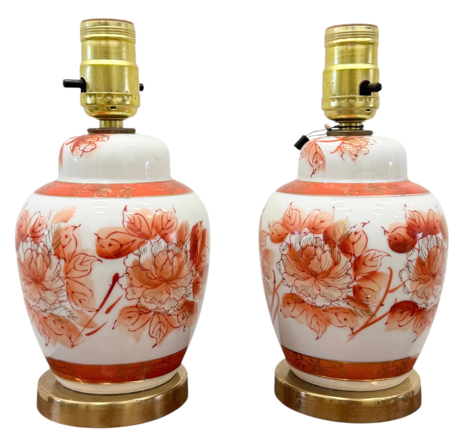 Pair of Japanese Kutani Porcelain Boudoir Lamps, Painted Rust-Orange Peony Flowers: Size 9 1/4 x 4 1/2 in