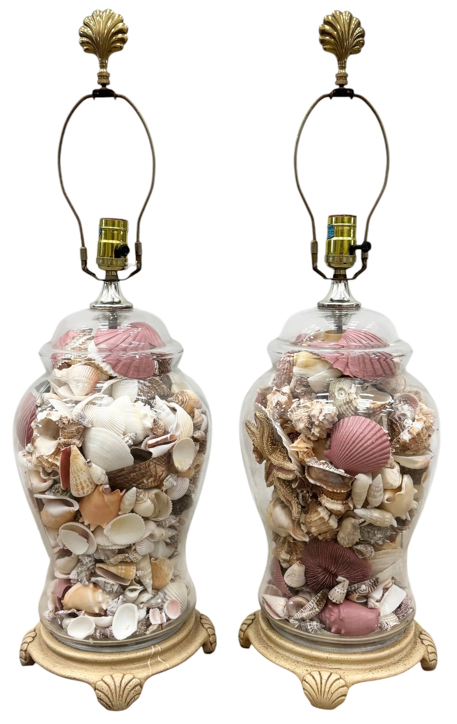 Pair of Large 1980s Palm Beach Regency Seashell Lamps: Size 28 1/2 x 8 in
