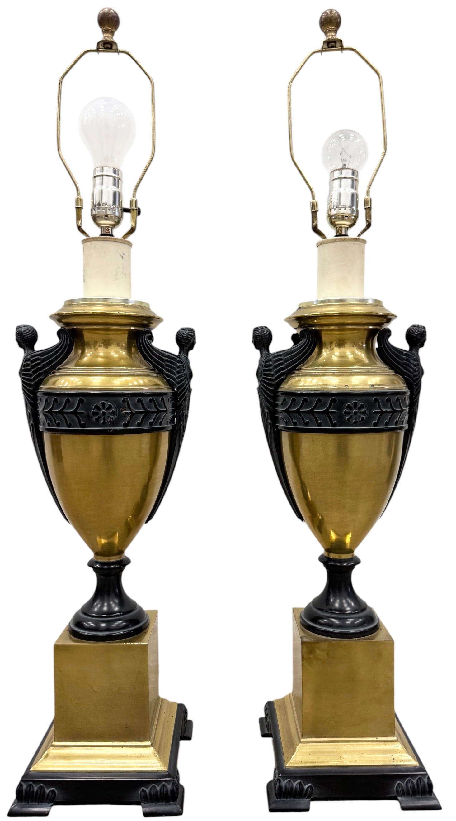 Pair of Neoclassical French Empire Brass Trophy Urn Form Table Lamps: Size 32 1/2 x 8 in
