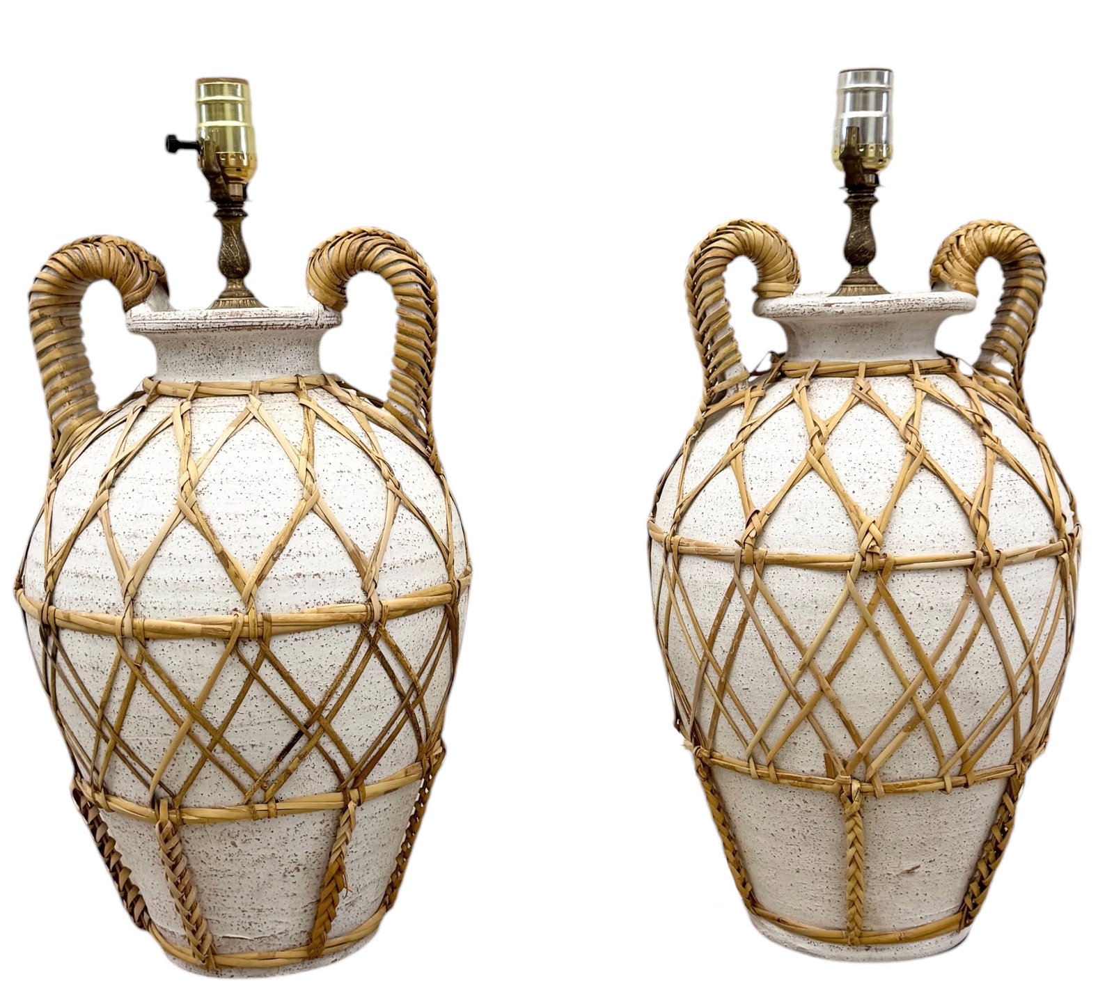 Pair of Vintage Hollywood Regency Rattan Caged Amphora Table Lamps: Size 20 x 10 in