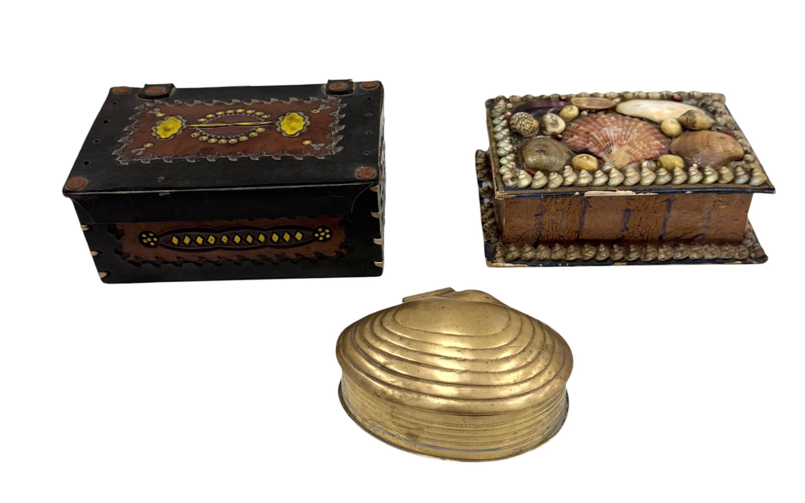 Collection of Three Vintage Tooled Leather, Brass Clamshell, & Shellwork Sailor's Valentine Boxes: Sizes 5 1/2 x 3 3/4 x 2 1/2 (largest)