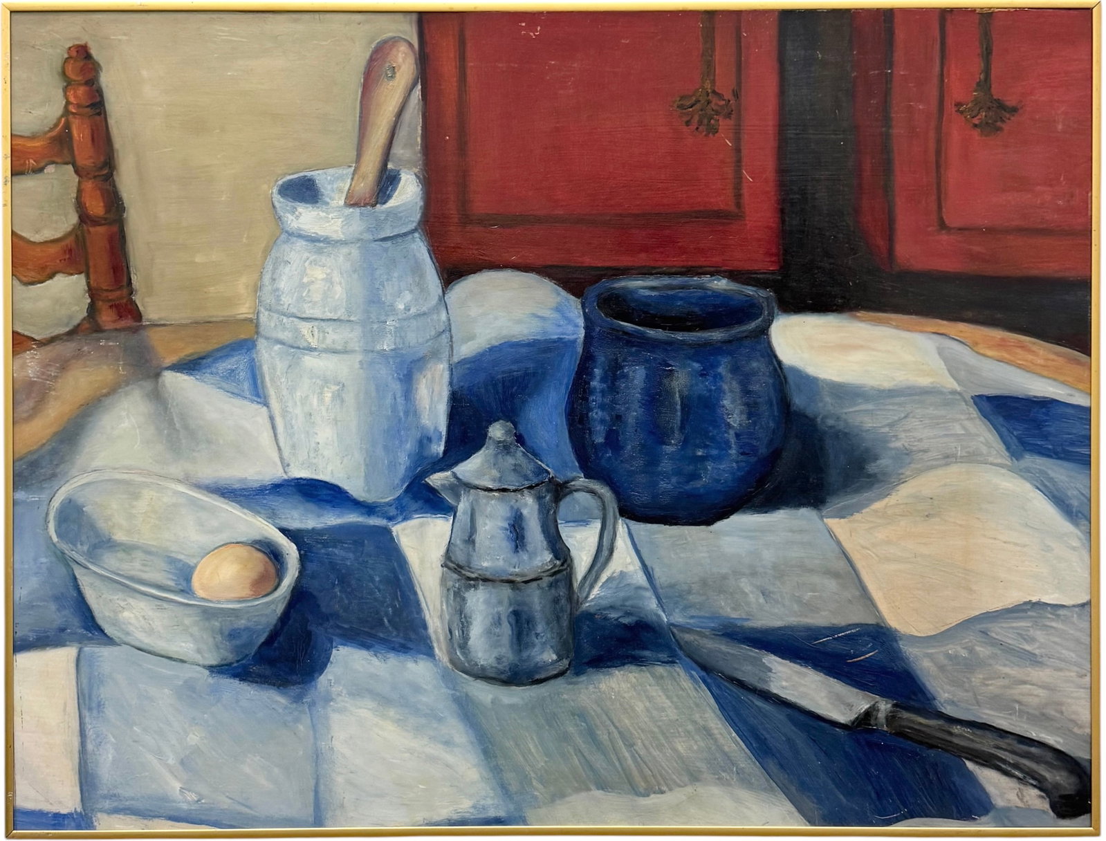 Mid-Century French School Modernist Still Life Painting, Checkered Tablecloth (1 of 2)