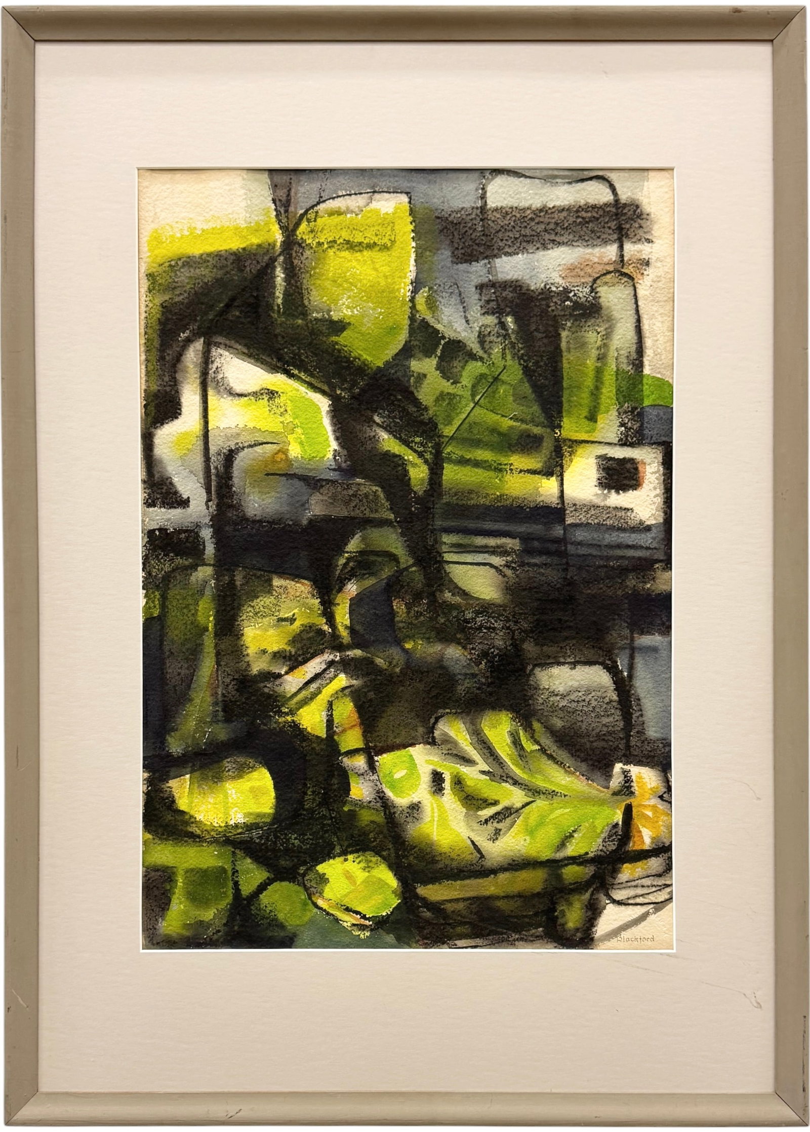 Mid-Century Modern Abstract Landscape Painting, Signed Blackford: Watercolor on paper 22 x 15 in, 26 x 22 in (framed)