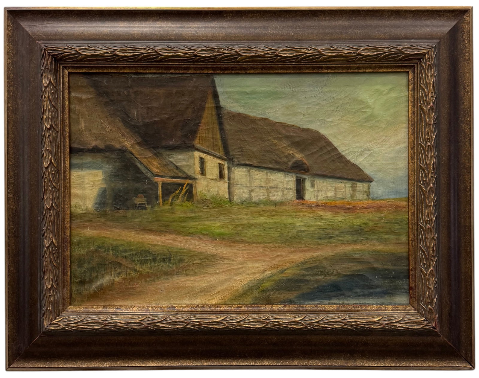 North German Rural Landscape with Thatched Farmhouses, Oil on Canvas, Early 20th Century: Oil painting on canvas 17 1/2 x 12 1/2 in, 24 x 19 in (framed). Unsigned. Atmospheric Coastal Farmstead Scene in the Style of the Ahrenshoop School. The exposed back of the canvas shows a naturally ag