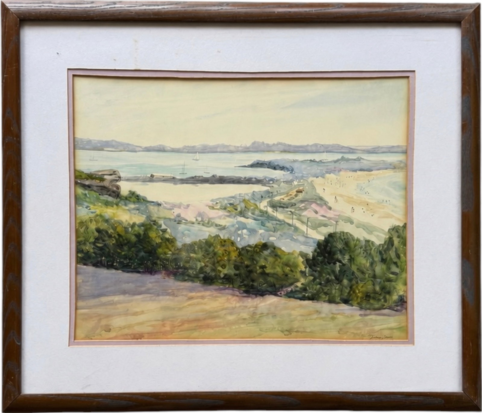 Diane Moss (American, 20th C) "Second Beach" Middletown Rhode Island RI: Watercolor on paper 18 x 14 in, 26 x 22 in (framed). This handwriting snippet reveals that the painting is titled "Second Beach" and portrays the coastline in Middletown, Rhode Island. She studied wat