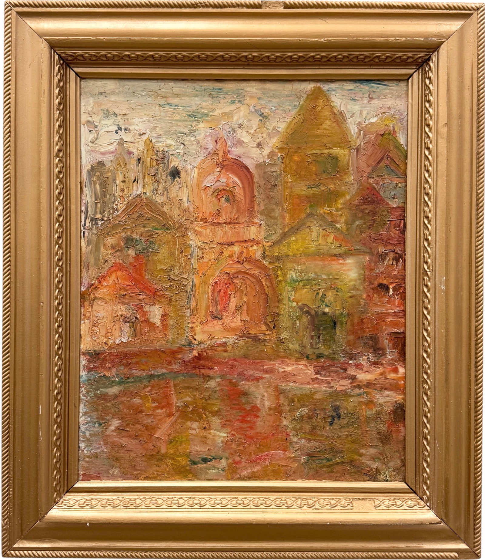 Mid-Century Impressionist European Cityscape Signed Oil Painting Heavy Impasto: Oil painting on board 21 1/2 x 17 1/2 in, 29 x 25 in (framed)