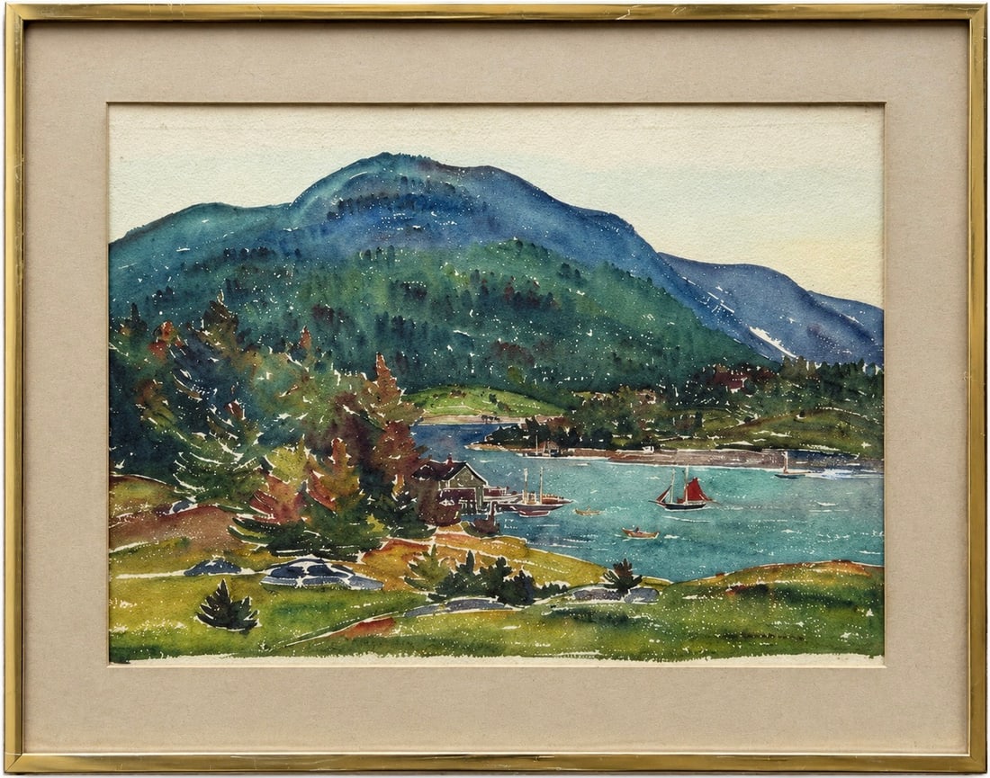 John R. Koopman (American, 1881â€“1949) Coastal Sound Landscape, 1924: Watercolor on peper 26 1/2 x 19 in, 33 1/2 x 26 in (framed). John R. Koopman (June 15, 1879 – September 16, 1949) was a prominent early-20th-century American watercolorist, landscape painter, and ar