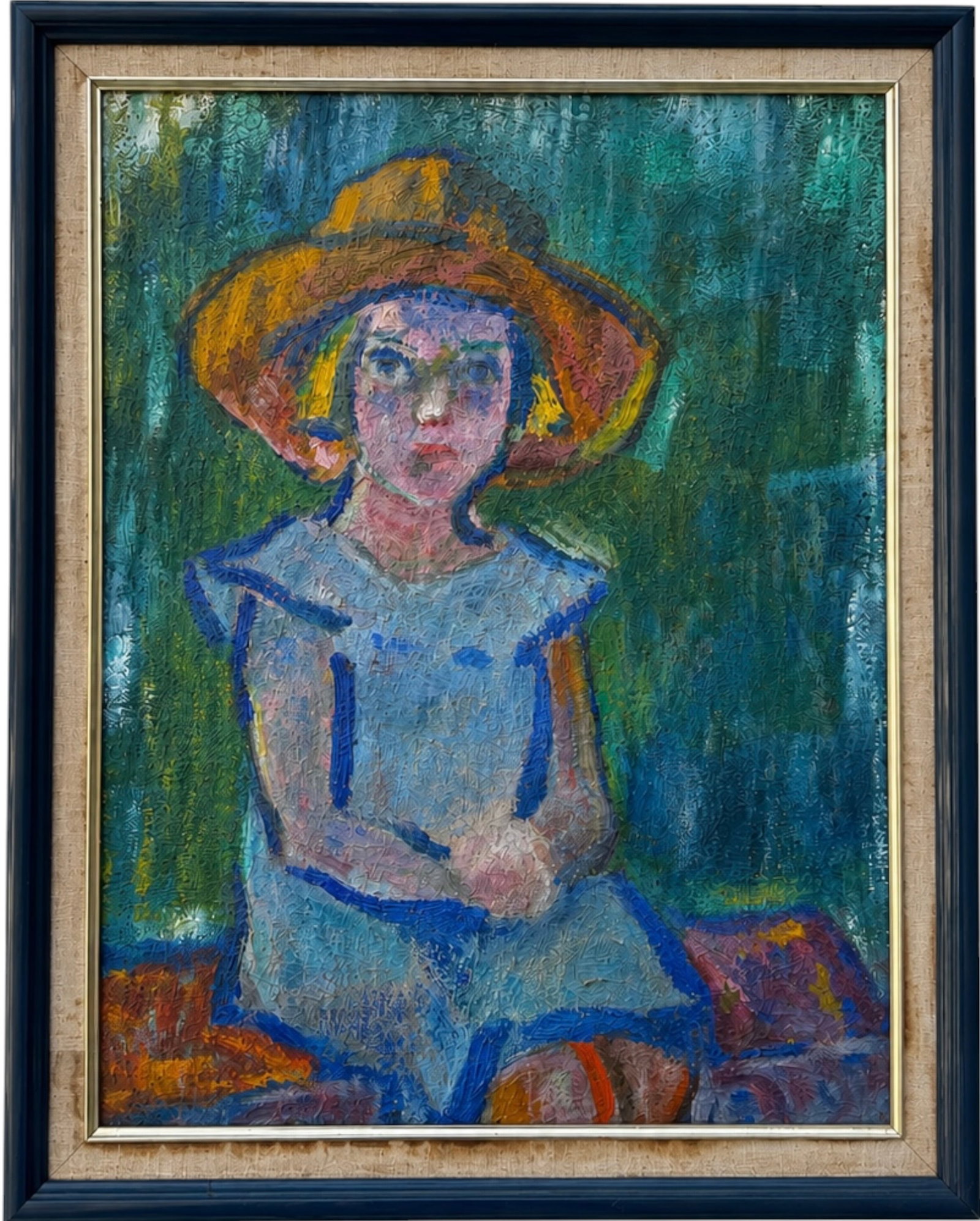 Mid-Century Expressionist Portrait of a Girl in Hat, 1951: Oil painting on canvas