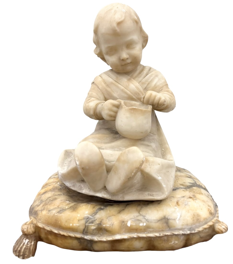 Antique Italian Carved Alabaster Sculpture Child on Marble Cushion Base c1900: Size 14 x 8 x 9 in. Heavy item.
