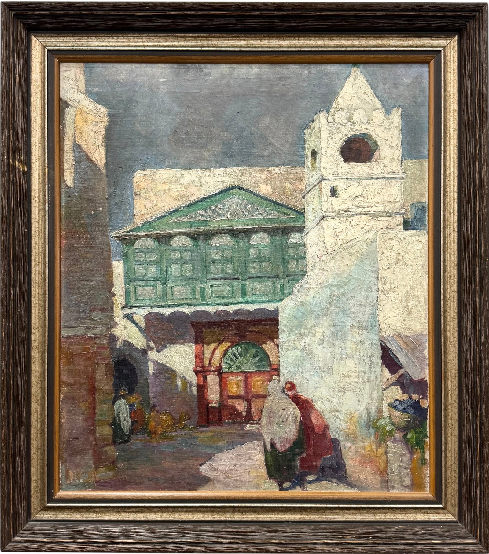 Early 20th C. Orientalist Street Scene with Mashrabiya Balcony, Oil On Canvas: Oil painting on canvas 21 x 18 in, 25 x 22 1/2 in (framed). Possible Weintraub gallery, NYC provenance with what appears to be an inventory number but we can't be certain.