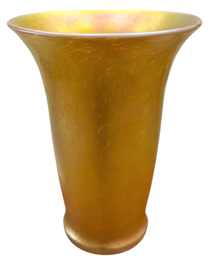 Vintage American Gold Aurene Iridescent Glass Trumpet Vase: 11 x 8 1/2 in