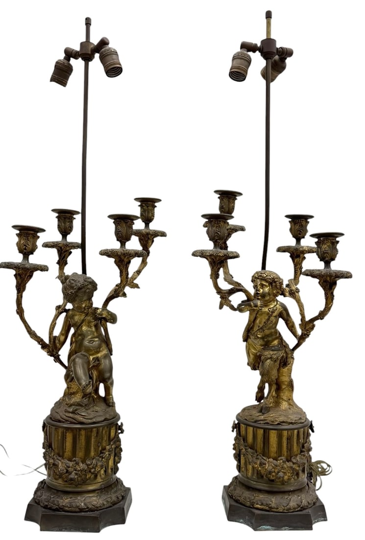 Fine Pair 19thC French Figural Bronze Candelabra Lamps, Putto & Faun (1 of 5)