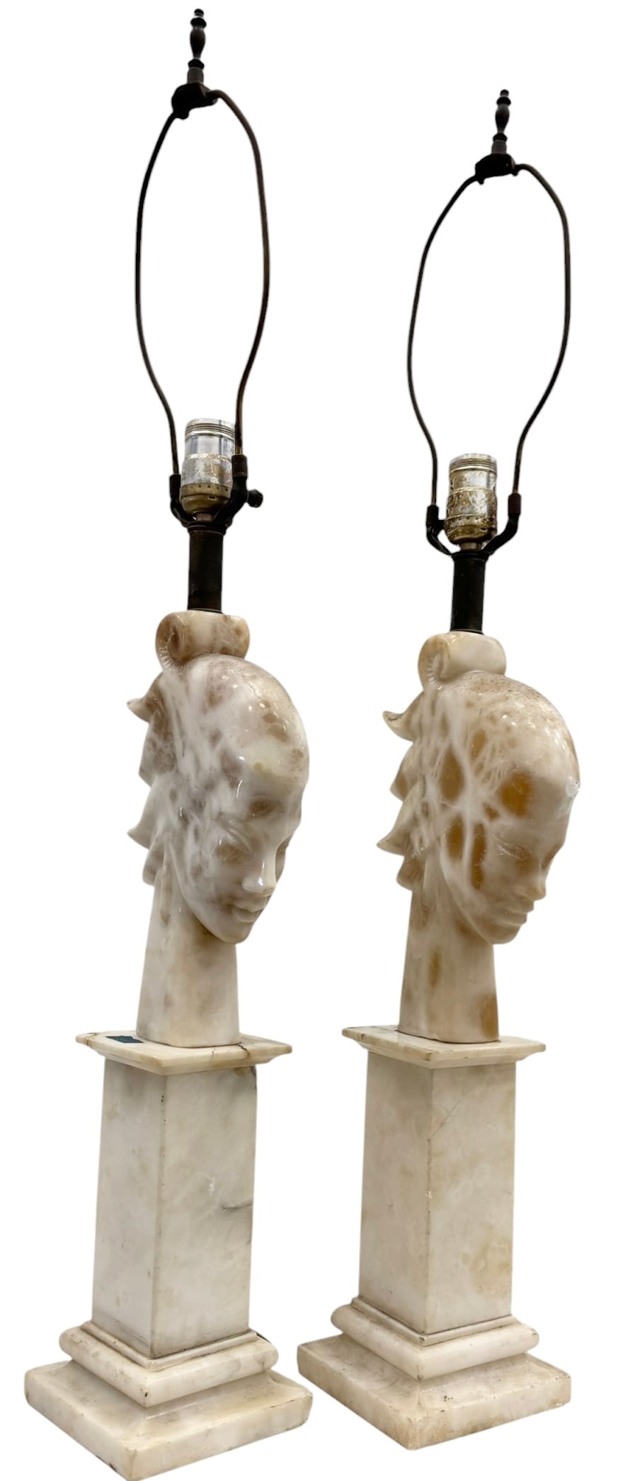 Pair of 1920s Italian Art Deco Carved Alabaster Stylized Female Bust Lamps: 33 x 6 1/2 x 5 in