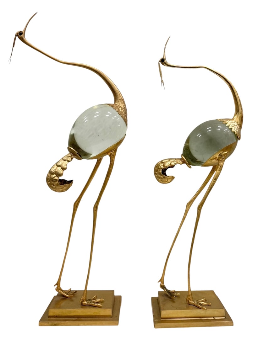 Pair Of Signed LAPINI Gilt Metal and Glass Crane Sculptures, Mid-20th Century 29": 29 x 7 x 5 in