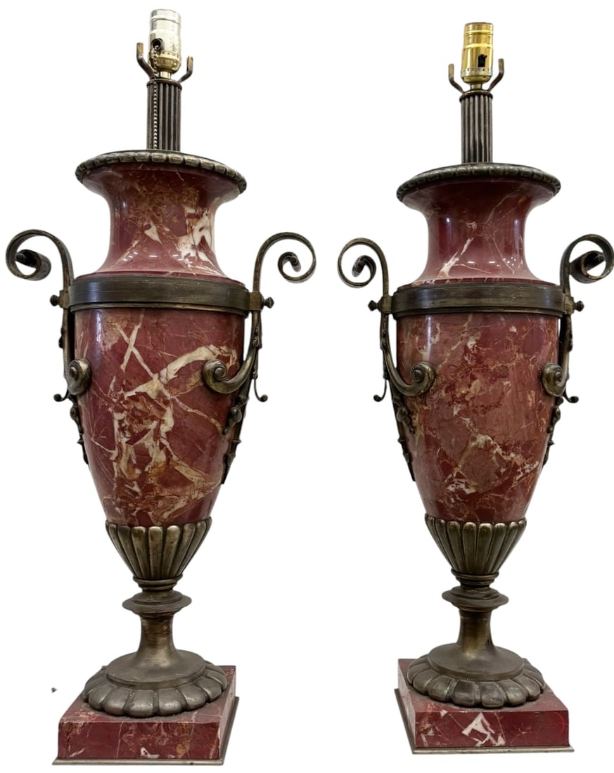 Fine Pair of French Neoclassical Rouge Marble & Bronze Urn Lamps: 29 x 12 x 6 in