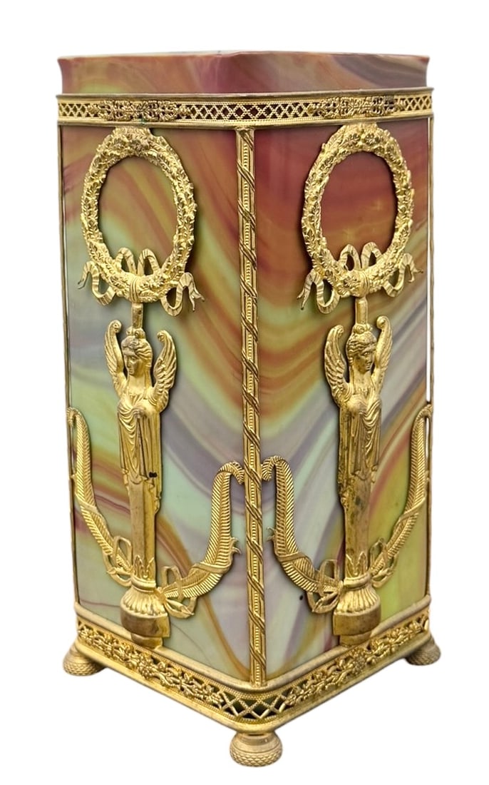 French Empire Style Gilt Bronze Mounted Banded Onyx Vase: 8 1/2 x 4 x 4 in