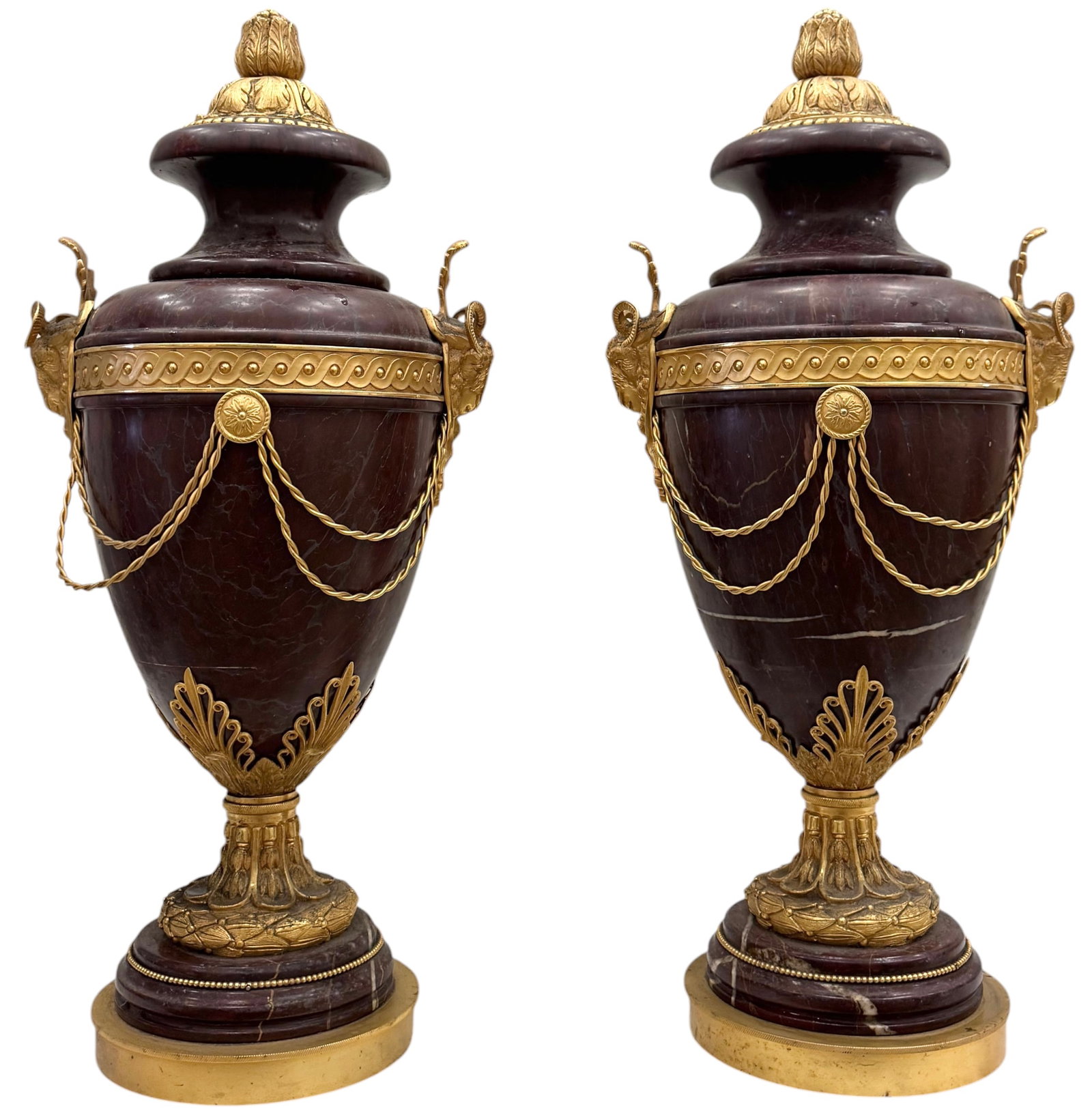 Pair Of Monumental French Neoclassical Gilt Bronze Mounted Marble Urns 27" (1 of 3)