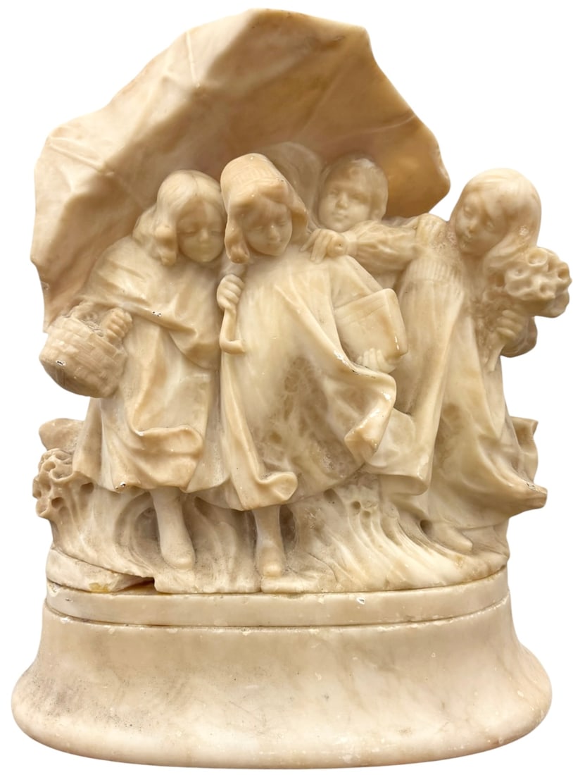 19th C. Italian Alabaster Sculpture Children Under Umbrella (1 of 4)