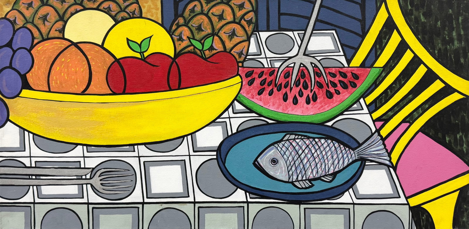 Pop Art Style Still Life Acrylic Painting - Fruit & Fish, After Lichtenstein: Oil painting on canvas 36 x 18 in