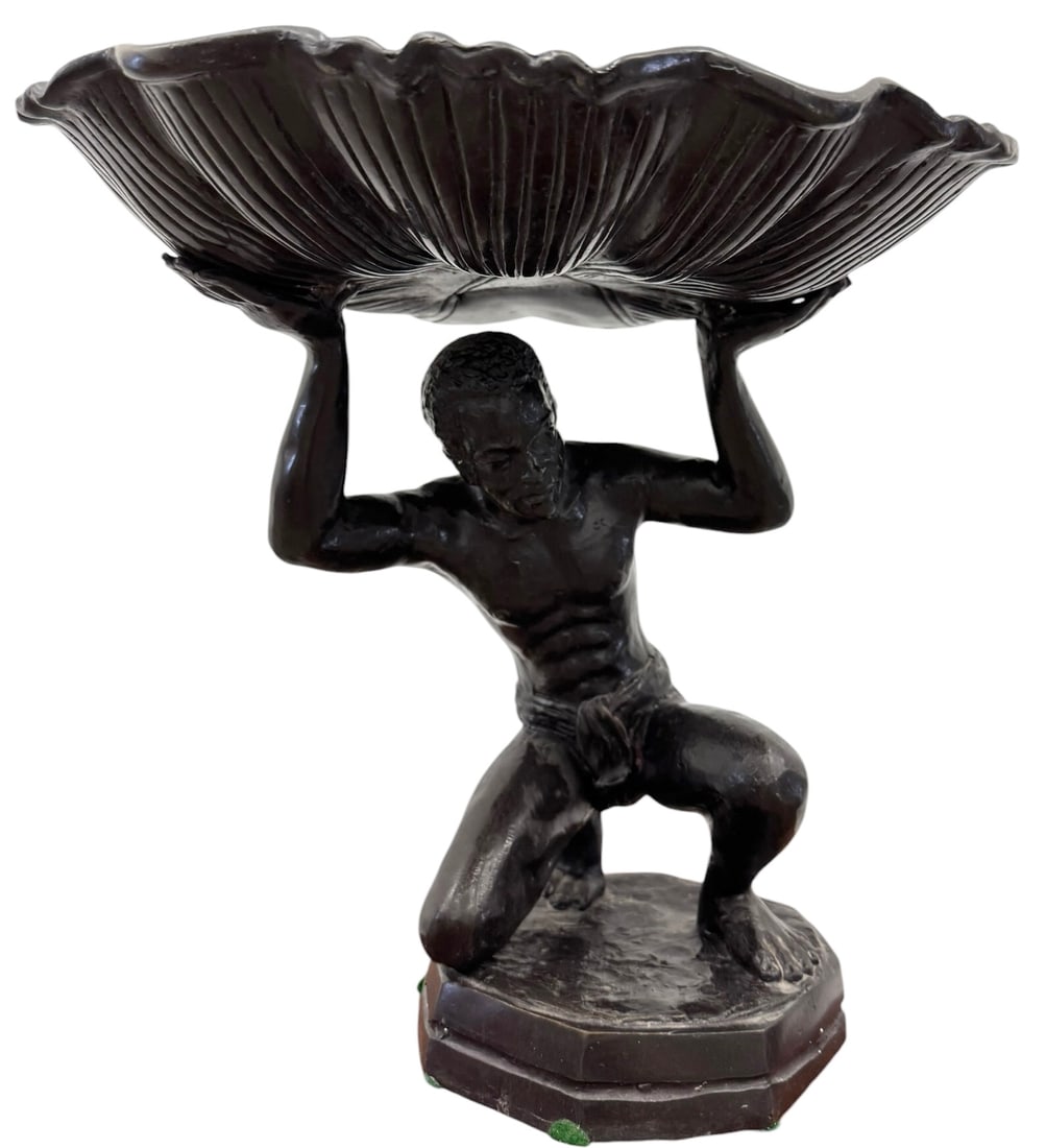 Maitland-Smith Patinated Bronze Blackamoor Shell Centerpiece Bowl: 13 x 13 x 11 1/2 in