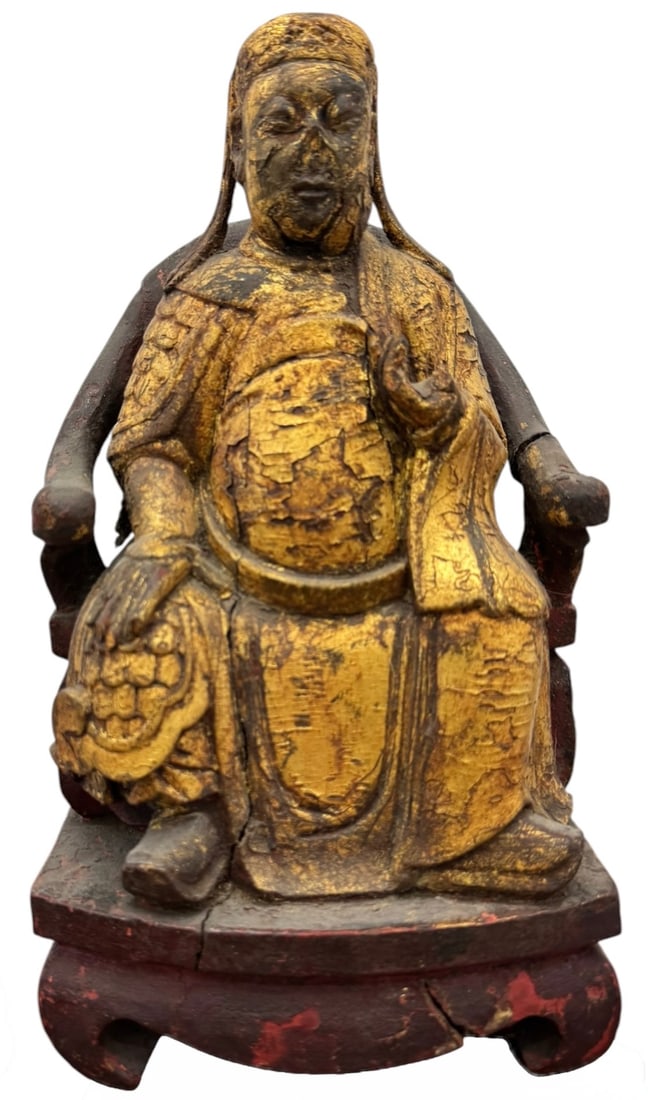 Antique Chinese Gilt & Polychrome Carved Wood Seated Deity, Qing Dynasty: 11 x 6 x 5 in. The seated pose, formal robes and headdress suggest an official/deified dignitary rather than a Buddha. The gilding looks substantially aged, with considerable surface loss and wear. Th