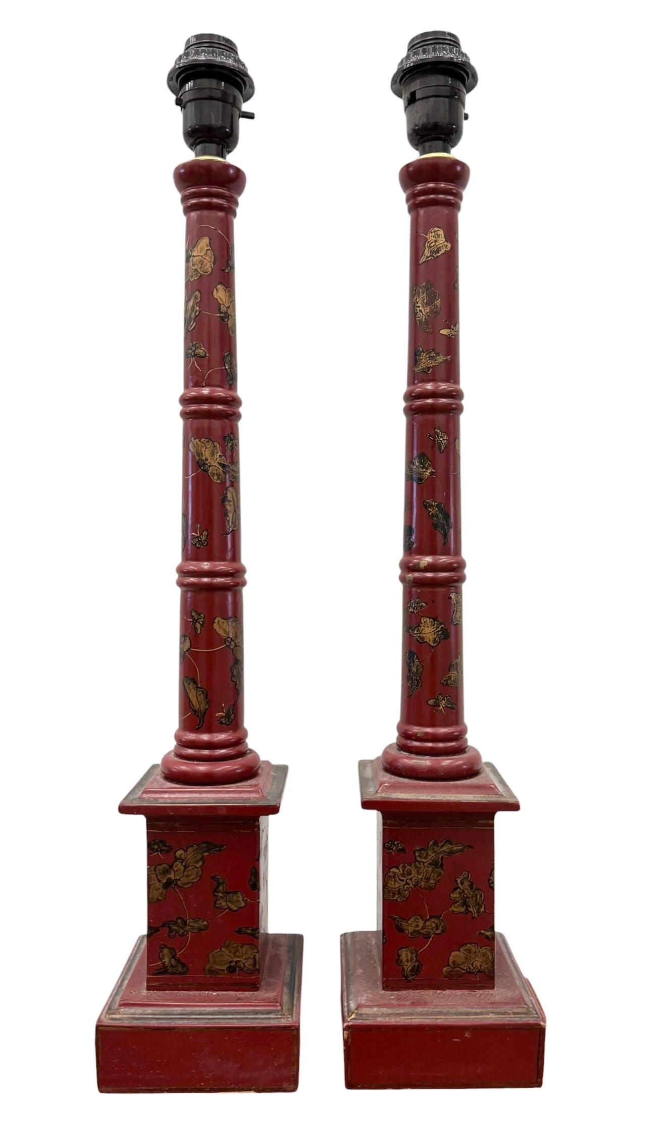 Pair Of Mid-Century Chinese Red Lacquer & Gilt Decorated Column Lamps 25" (1 of 4)