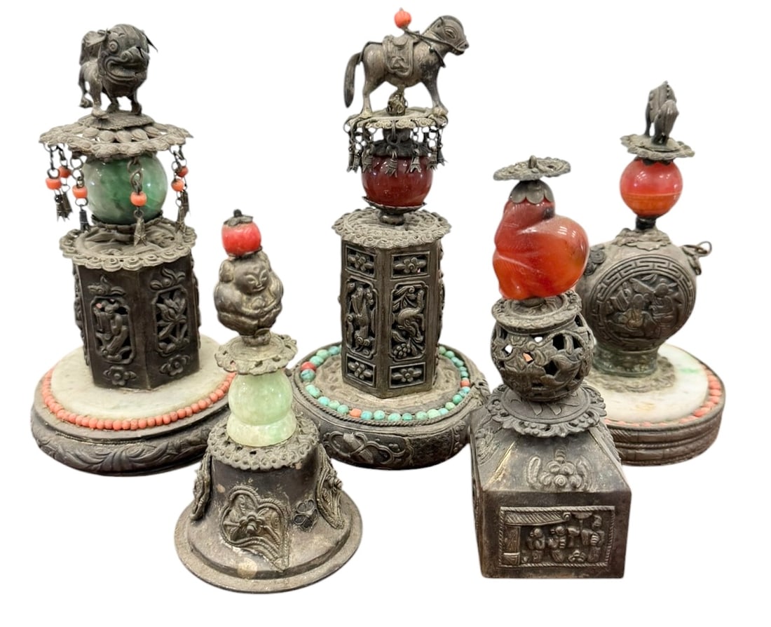Group Of Chinese Silver & Hardstone Figural Vessel Sculptures: The largest size is 5 x 3 in