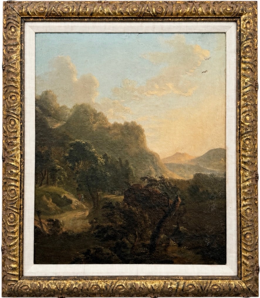 18th/19th Century Romantic Landscape with Distant Mountains, Oil On Canvas: Oil painting on canvas 15 3/4 x 13 in, 19 5/8 x 16 7/8 in (framed).