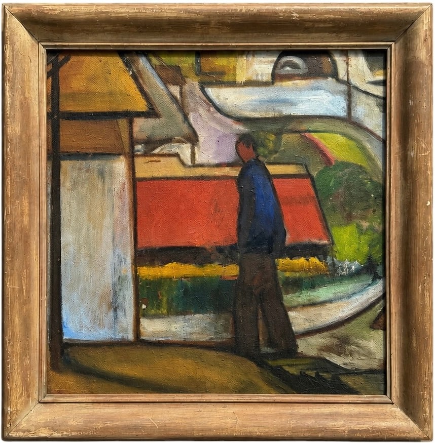 Mid-Century Modernist Figural Landscape, Oil On Board: Oil painting on masonite 21 x 21 1/2 in, 26 x 26 1/2 in (framed). Double sided with a signature on the verso. Artist unknown.