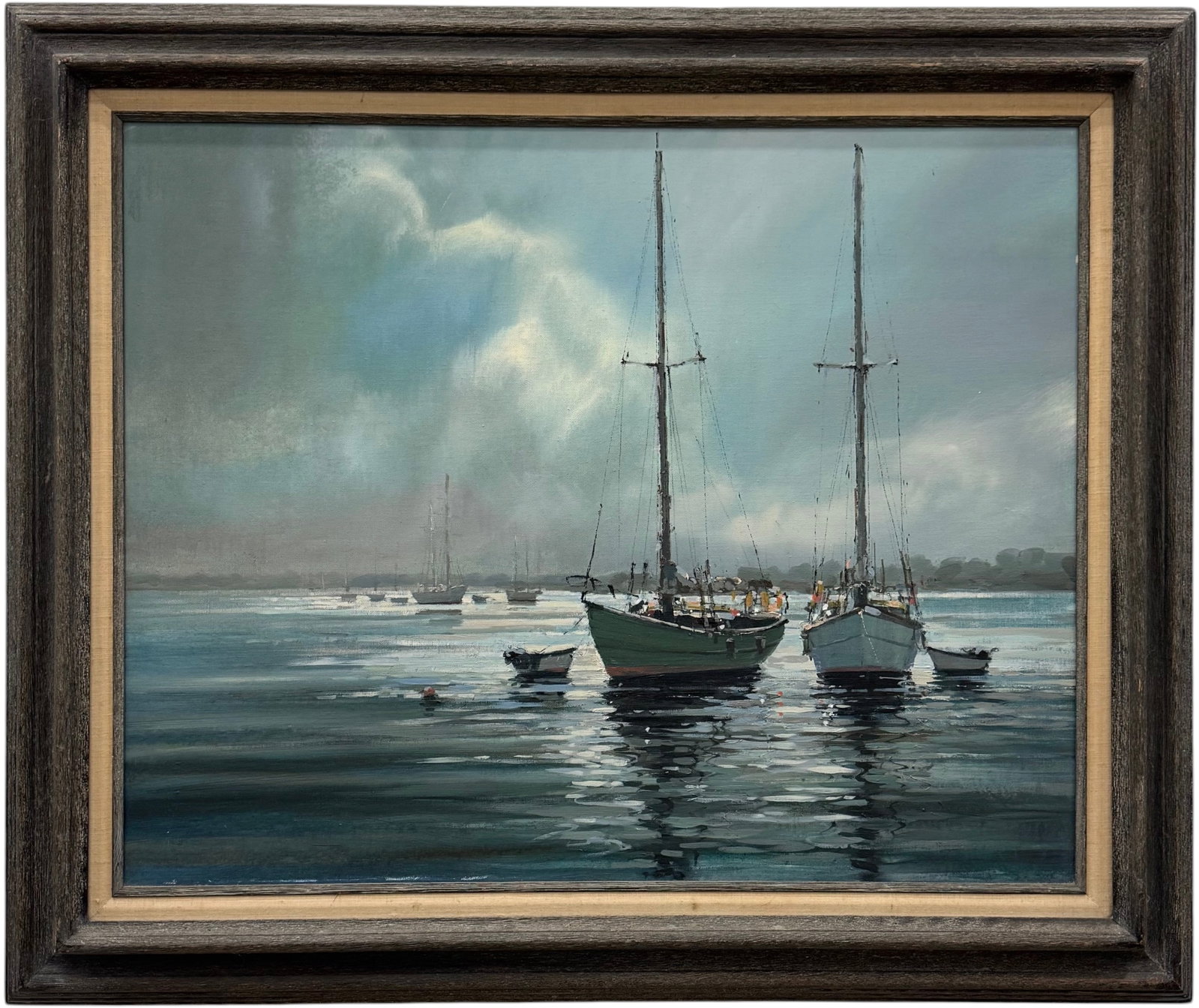 Kerry Hallam (American, 1937–2020) Moored Oct, Nantucket Mooring: Oil painting on canvas 30 x 24 in, 37 x 31 in (framed)