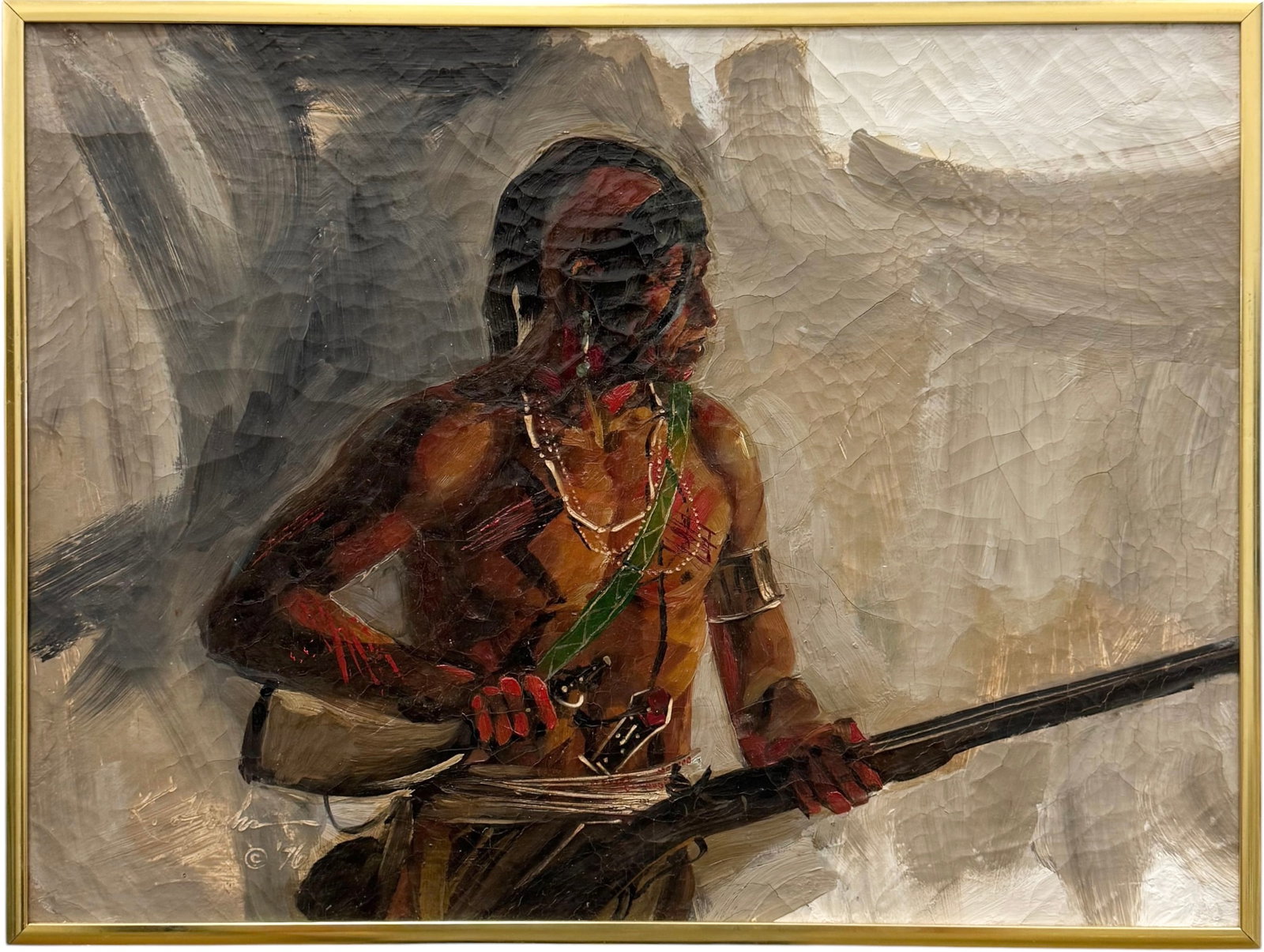 Vintage 1976 Oil Painting Florida Seminole Warrior, Signed: Oil painting on canvas 12 x 16 in. Possibly belonged to Joe Dan Osceola as the name is written verso.