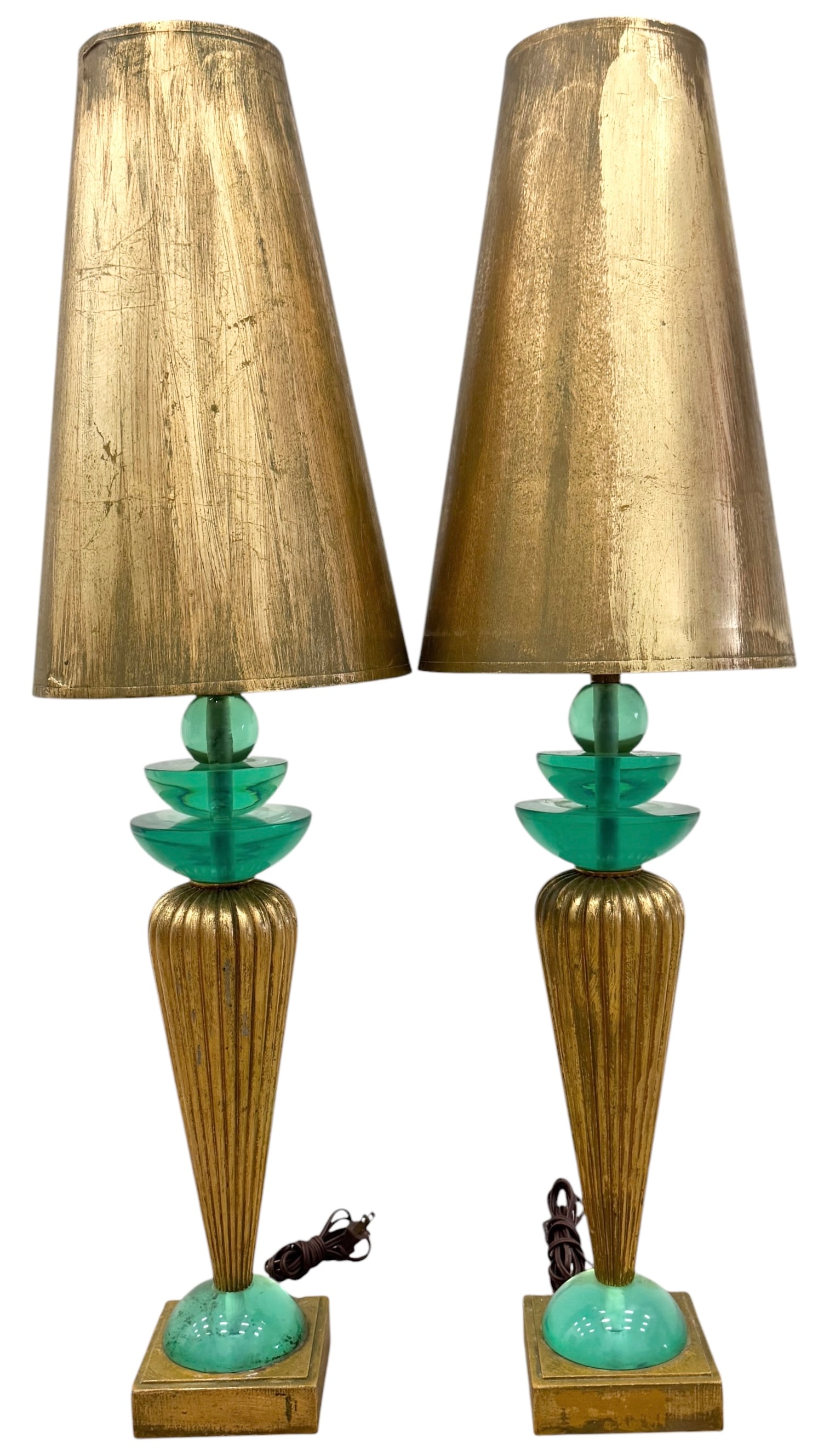 Vintage Pair Hivo Van Teal Lucite Table Lamps Mid Century Modern Gold Green: 36 1/2 x 9 in