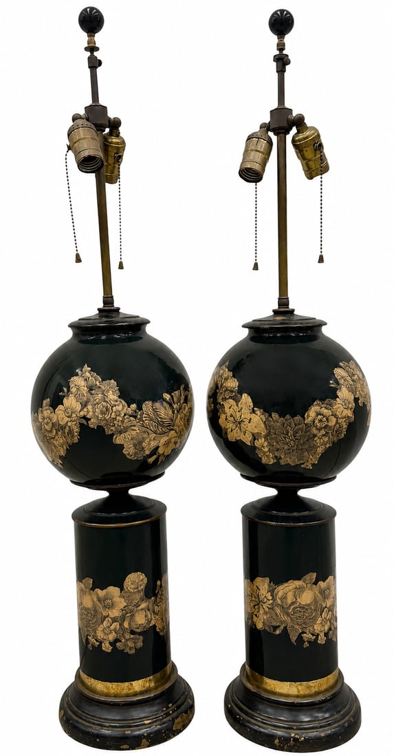 Pair Of Mid-Century Asian Black Lacquer & Gilt Floral Table Lamps 34": 34 x 7 in